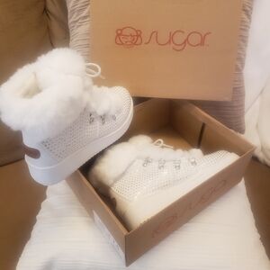 Sugar Womans White Fur-Trimmed Sneakers 7.5